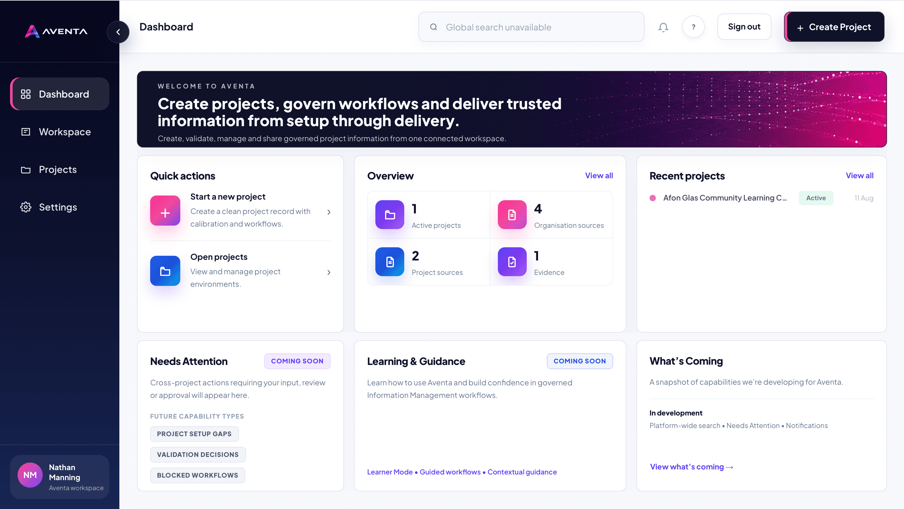 Aventa project dashboard